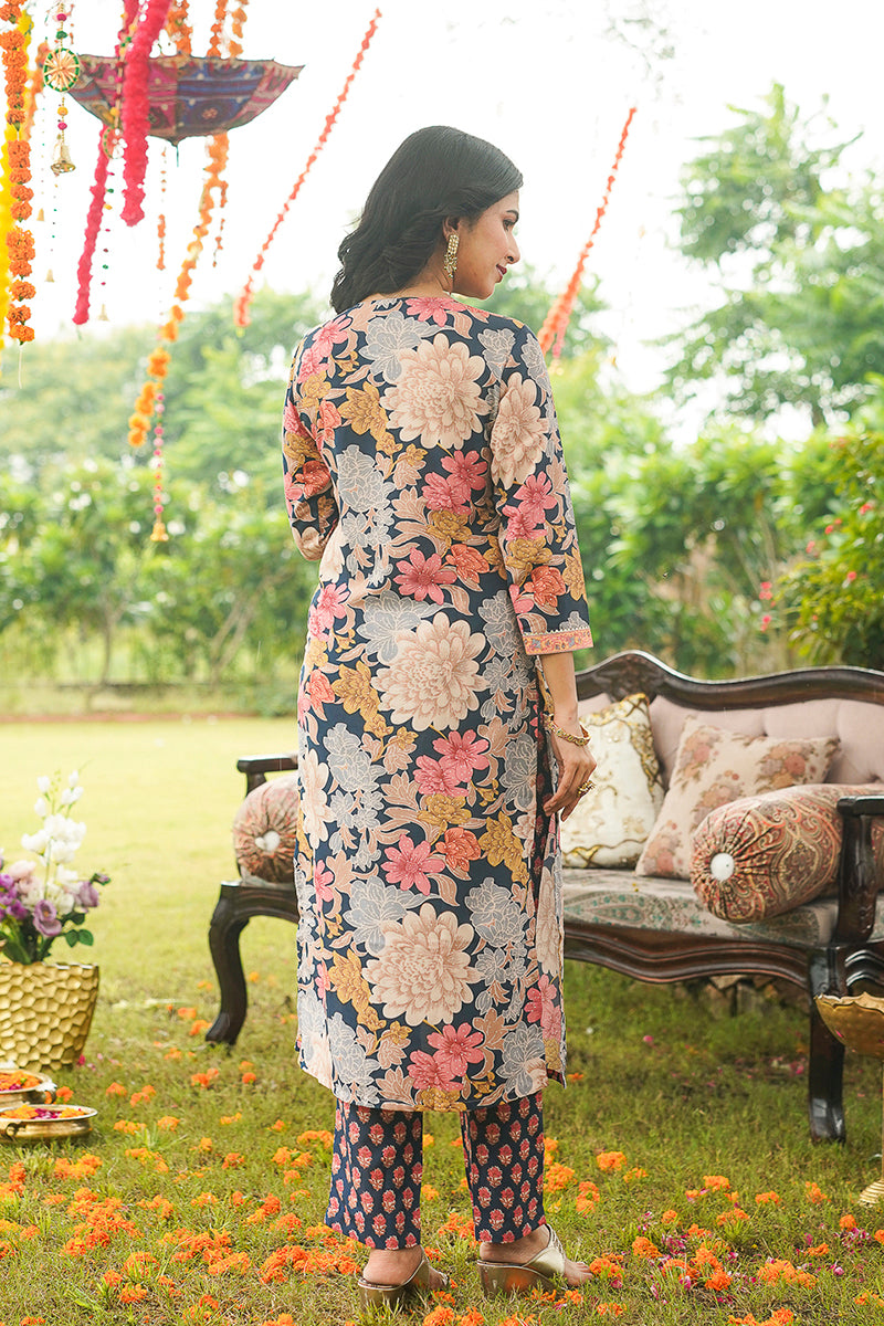 Blue Rayon Blend Floral Printed Straight Kurta Trousers With Dupatta VKSKD2415