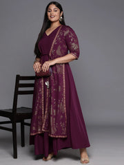 Burgundy & Gold Plus Size Floral Print A-line Maxi Ethnic Dress-AP-AHDRCRSM-995-FF