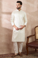 White Silk Blend Embroidered Mandarin Collar Straight Kurta MKU1891