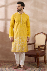 Yellow Silk Blend Embroidered Mandarin Collar Straight Kurta With Trouser MKSET2052