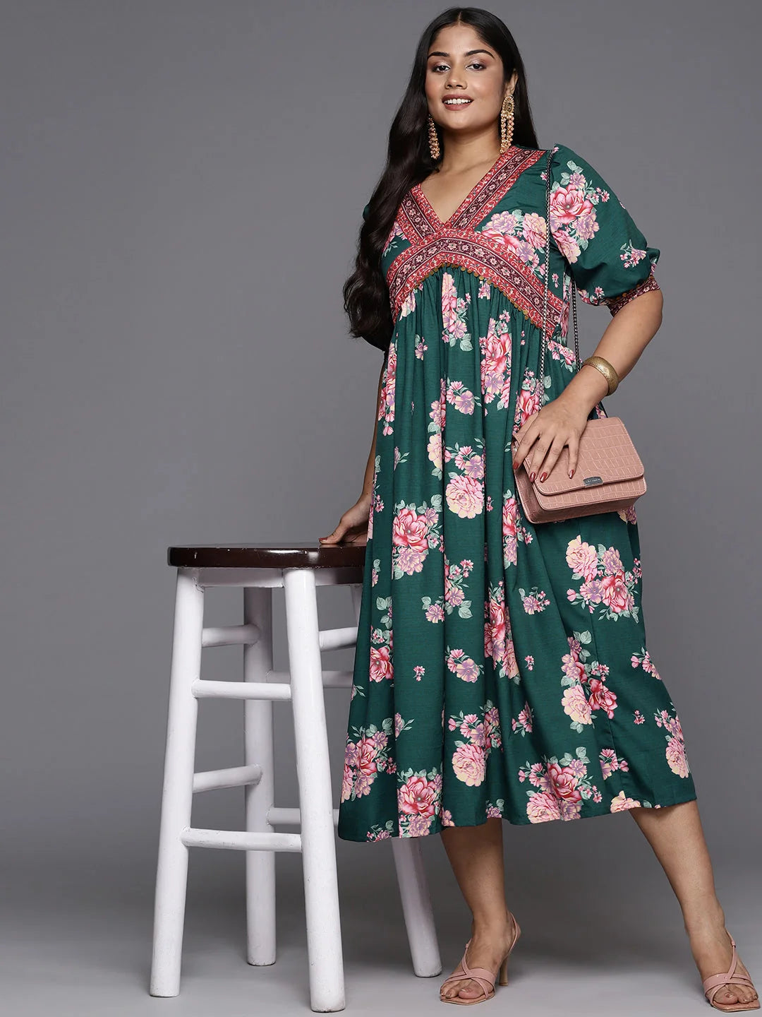 Plus Size Floral Midi Dress - Women's Western Outfits Online