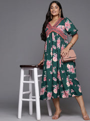 Green & Pink Plus Size Floral Printed A-Line Midi Dress-AP-AHEDCRDP-204-ICH