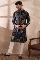 Navy Blue Silk Blend Printed Mandarin Collar Straight Kurta With Trouser MKSET1961