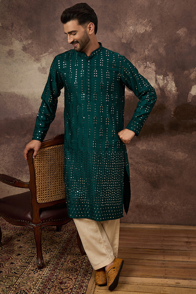 Teal Silk Blend Solid Embroidered Straight Kurta MKU1357