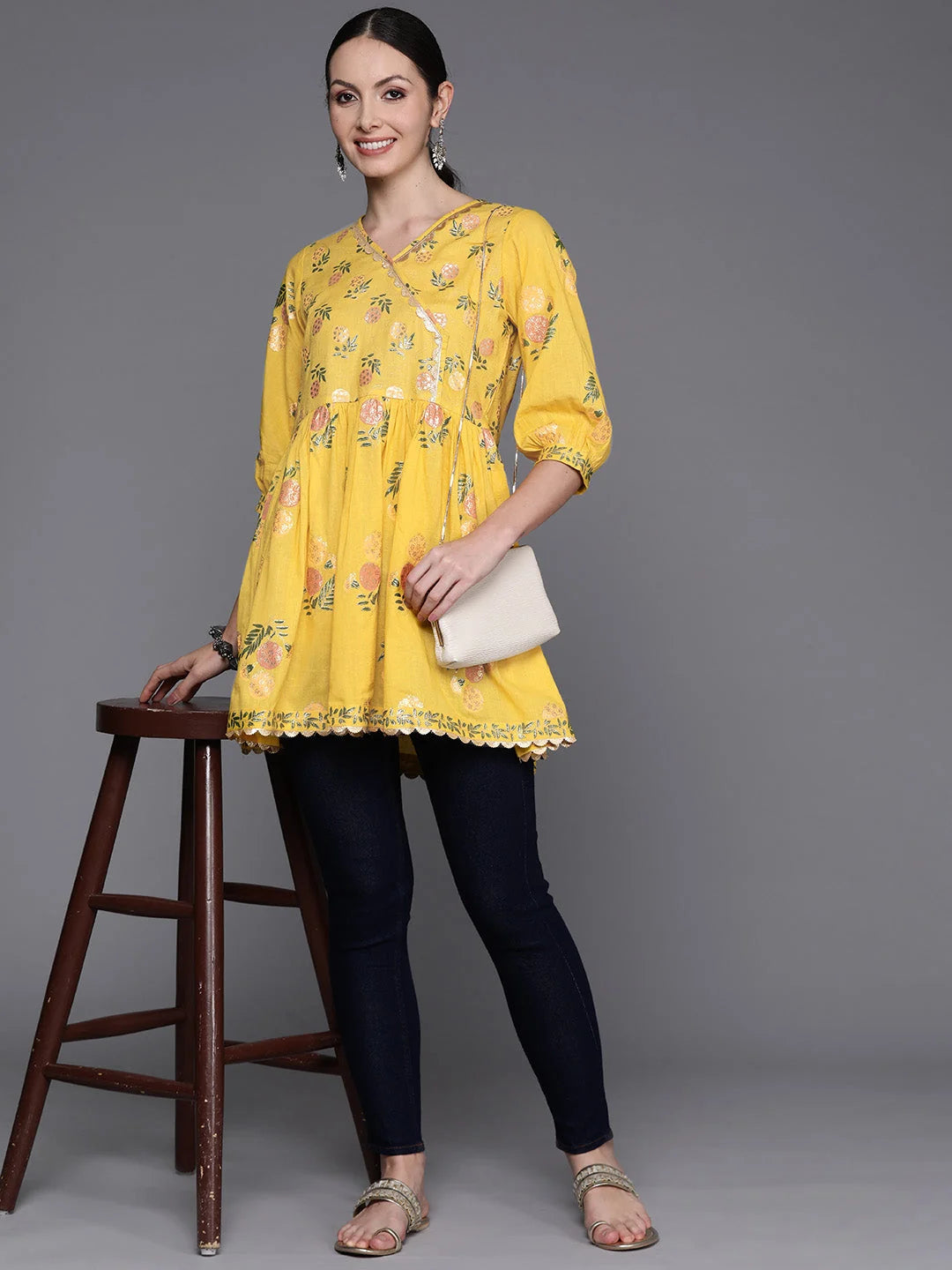 Floral Cotton Tunic Top - Mustard Yellow & Green Indian Kurtis