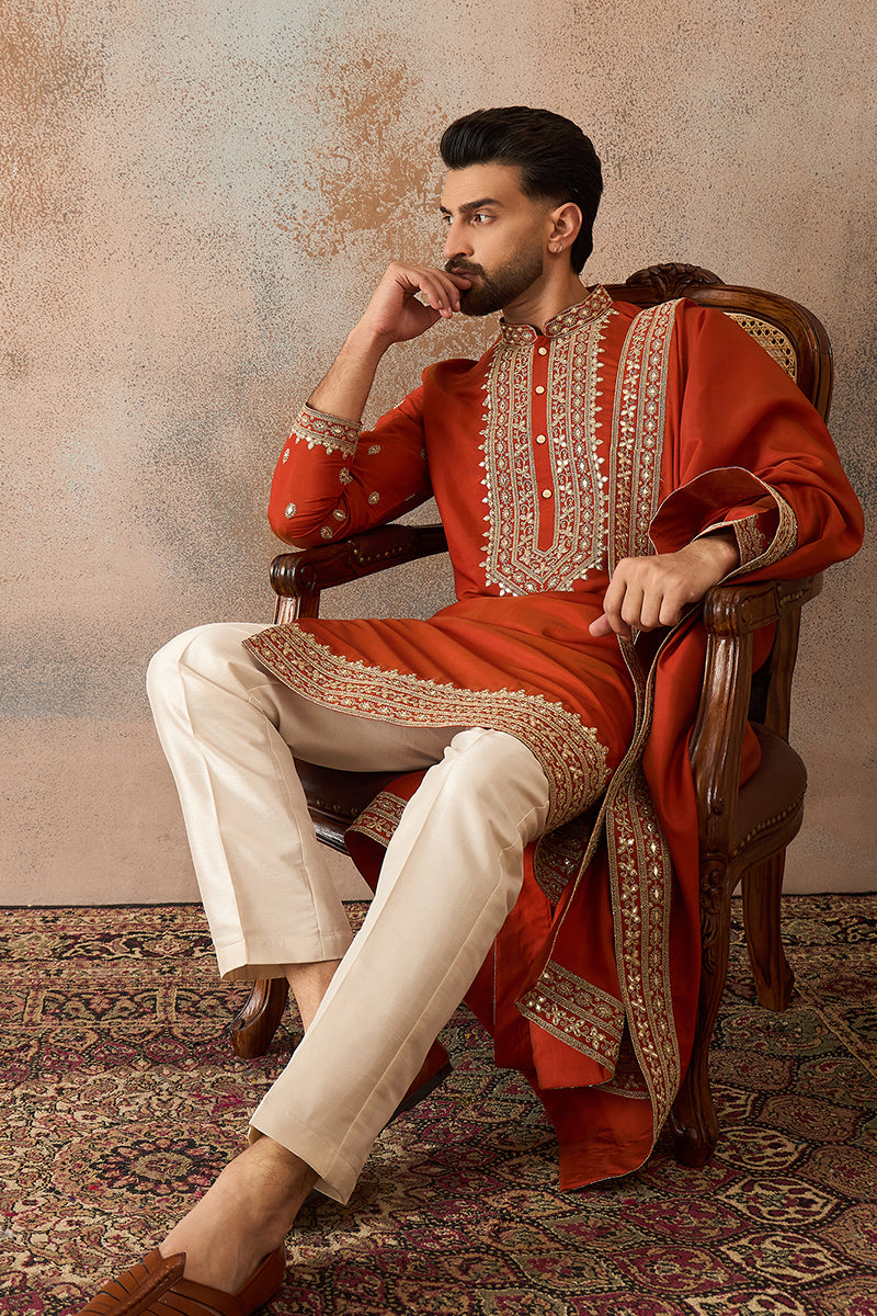 Orange Silk Blend Solid Embroidered Kurta With Dupatta MKUD1028