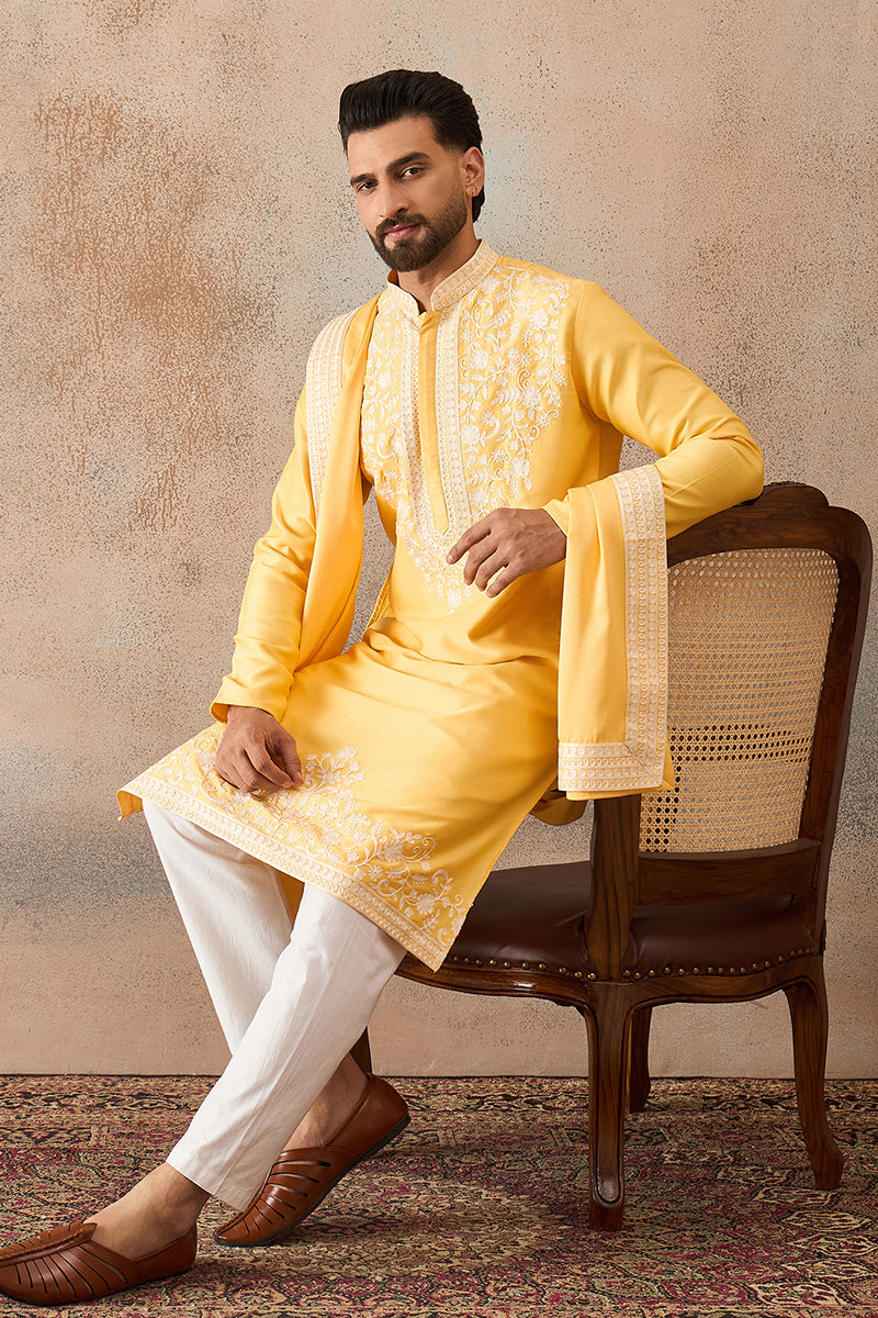 Yellow Silk Blend Woven Design Floral Straight Kurta with Dupatta MKUD1037