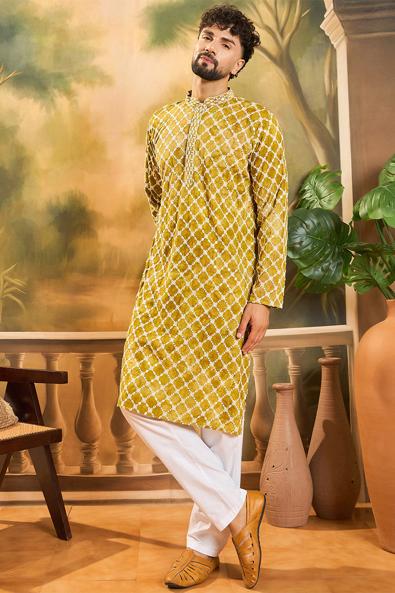 Yellow Silk Blend Embroidered Shibori Straight Kurta With Trousers MKSET1415