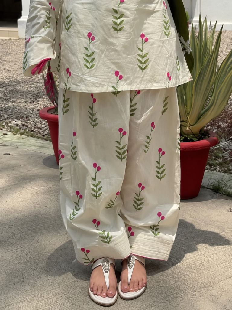 Off White Floral Printed Cotton Kurta Palazzo Set with Olive Green Dup