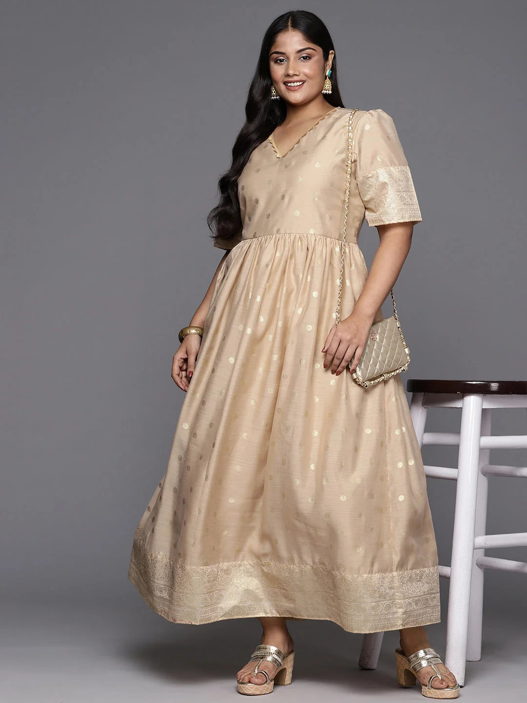 Beige Polka Dot Plus Size Maxi Dress | Indian Cotton Dresses