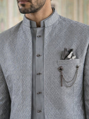 Men Woven Jacquard Indo-Western Set ( 50JIND 155Grey S )