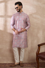 Lavender Silk Blend Printed Mandarin Collar Straight Kurta MKU1985