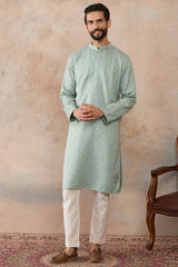 Green Linen Blend Geometric Woven Design Kurta With Trouser MKSET2365