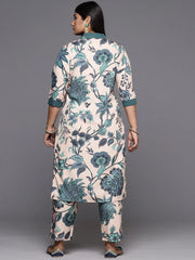 Beige & Green Floral Printed Plus Size Kurta with Trousers-AP-AHKUPZ-COMBO-598