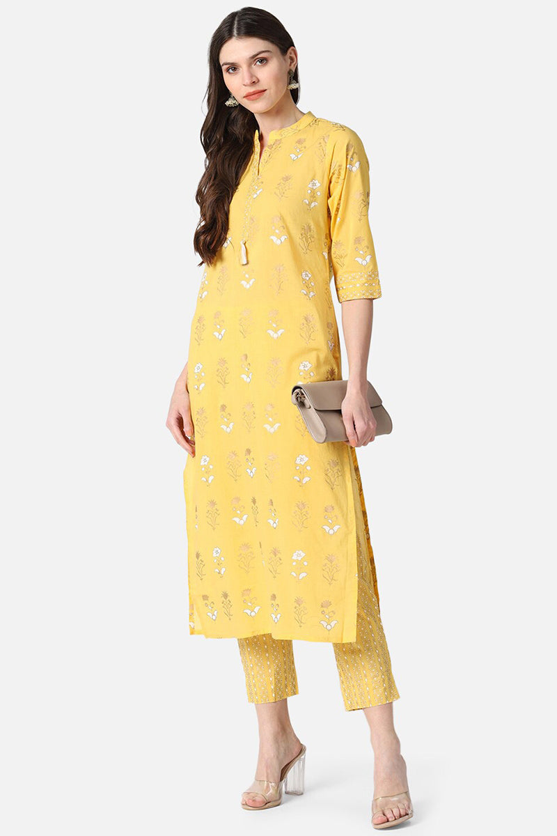 Yellow Pure Cotton Ethnic Motifs Straight Kurta Set VKSET1062