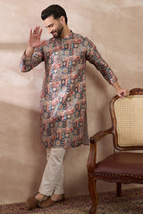 Multi Silk Blend Printed Mandarin Collar Straight Kurta MKU2001