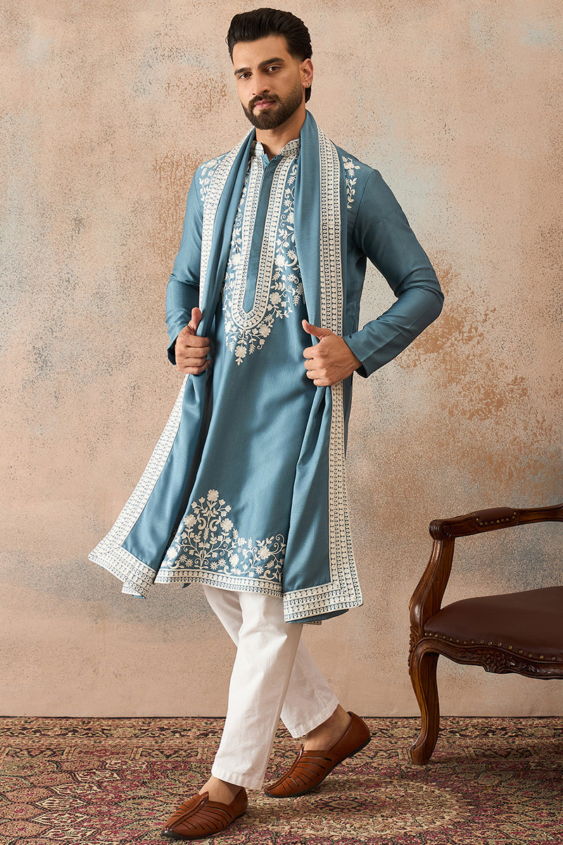 Blue Silk Blend Woven Design Floral Straight Kurta with Dupatta MKUD1039