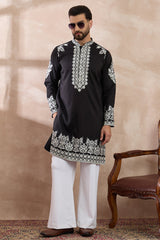 Black Silk Blend Embroidered Mandarin Collar Straight Kurta MKU2019