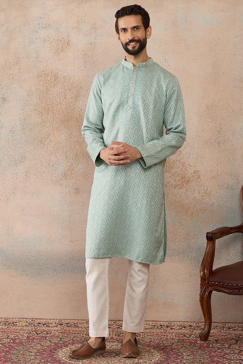 Green Linen Blend Geometric Woven Design Kurta MKU2365