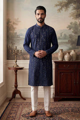 Blue Silk Blend Solid Embroidered Kurta MKU2075