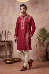 Red Silk Blend Solid Emboidered Straight Kurta MKU2314