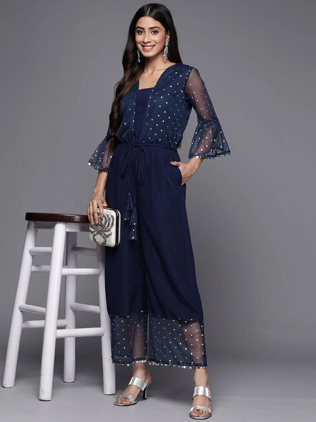 Navy Blue Polka Dots Printed Jumpsuit With Waist Tie-Ups-AHJSNTFP-52