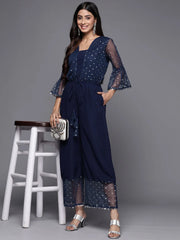 Navy Blue Polka Dots Printed Jumpsuit With Waist Tie-Ups-AHJSNTFP-52