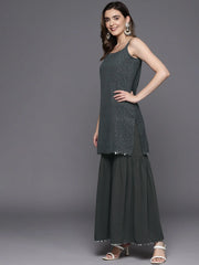 Women's Grey Printed Gotta Patti Sharara set with Dupatta-AHKUDUSH-COMBO-736