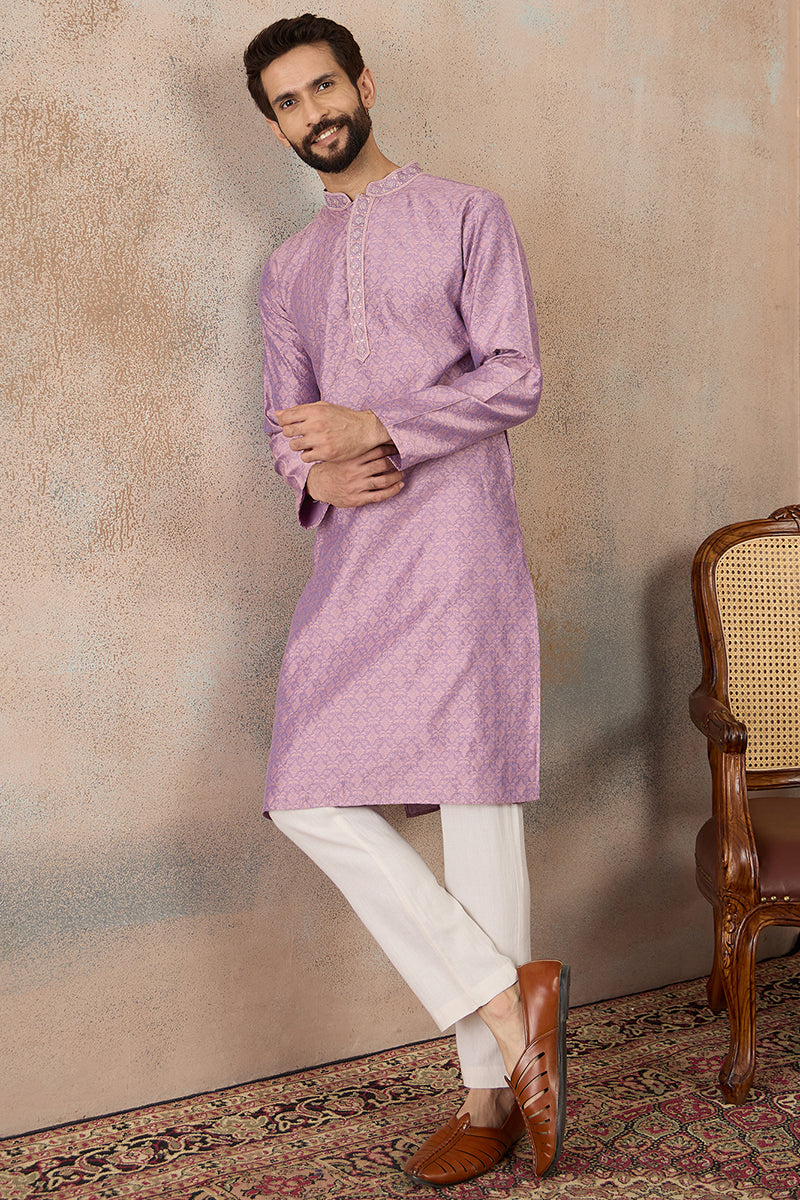 Lavender Jacquard Solid Embroidered Kurta MKU2466