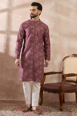 Purple Silk Blend Printed Mandarin Collar Straight Kurta MKU2023
