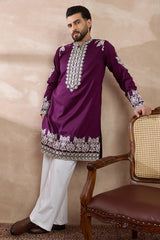 Purple Silk Blend Embroidered Mandarin Collar Straight Kurta MKU2018