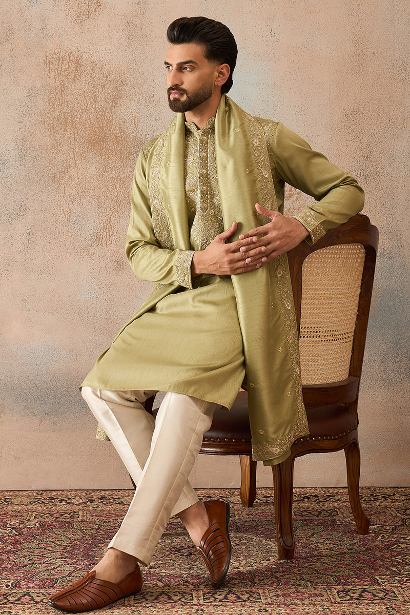 Green Zari Embroidered Silk Blend Kurta with Trousers & Dupatta MKPD1046