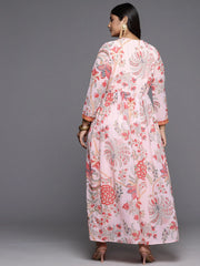 Pink Floral Printed Plus Size High Slit Kurta with Trousers-AP-AHDRPN-COMBO-617-ICH