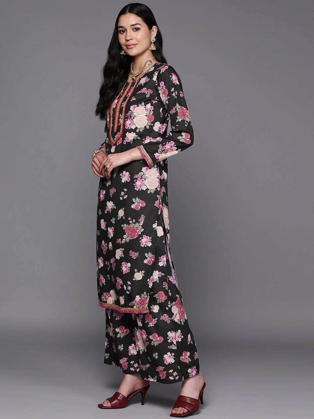 Black Floral Gotta Patti Kurta and Palazzo Set | Women's Fashion
