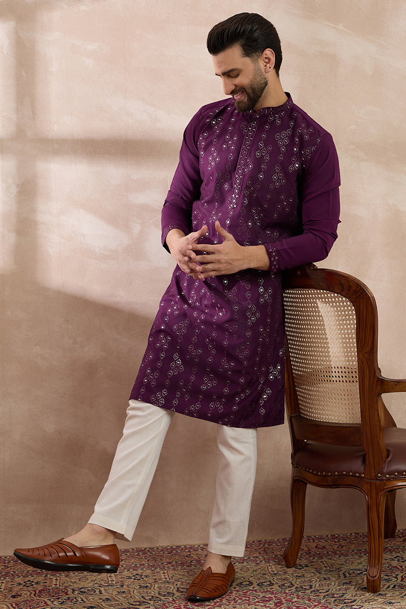 Purple Silk Blend Embroidered Mandarin Collar Straight Kurta MKU2078
