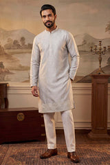 Silk Blend Silver Solid Embroidered Calf Length Straight Kurta With Trousers MKSET2273