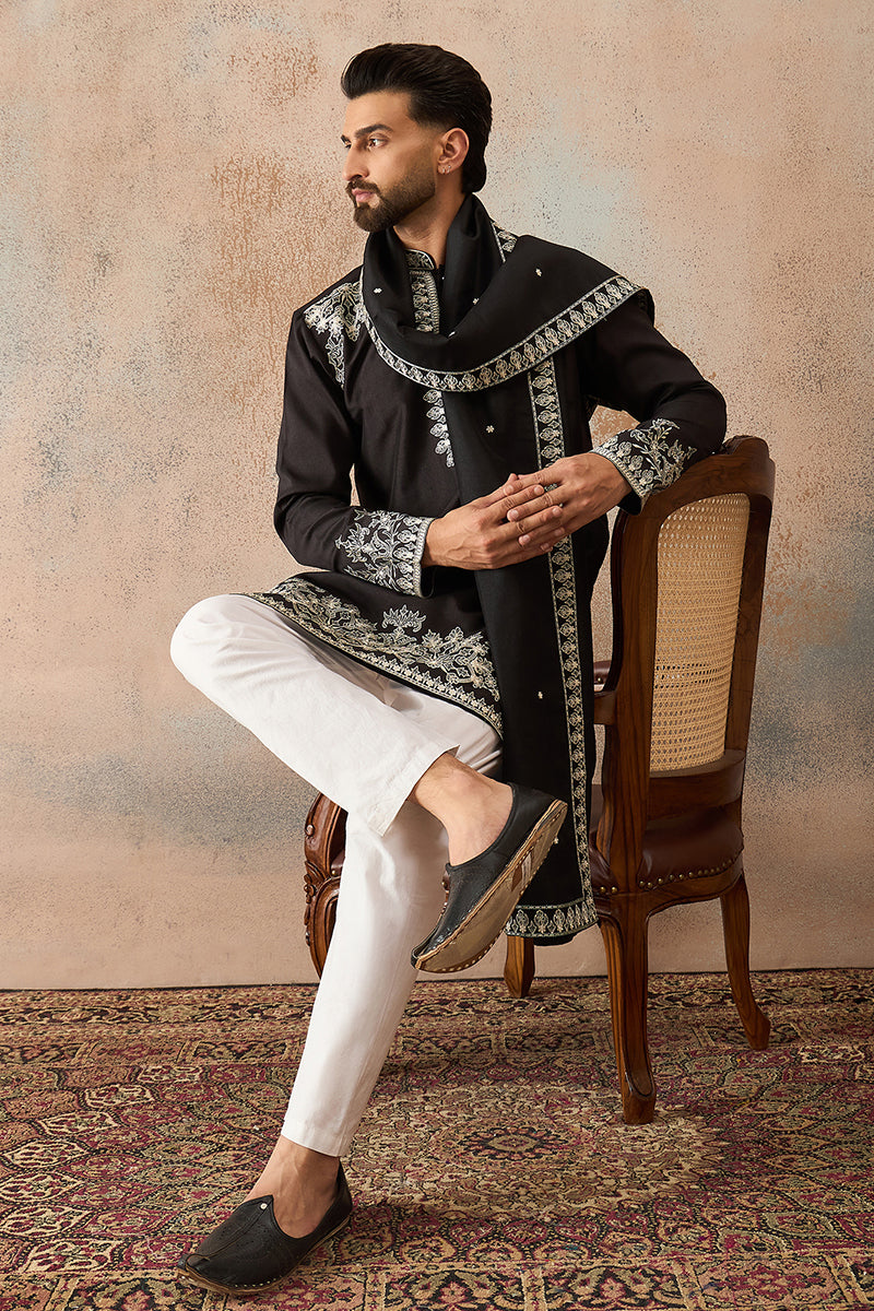 Black Silk Blend Solid Embroidered Kurta With Dupatta MKUD1012