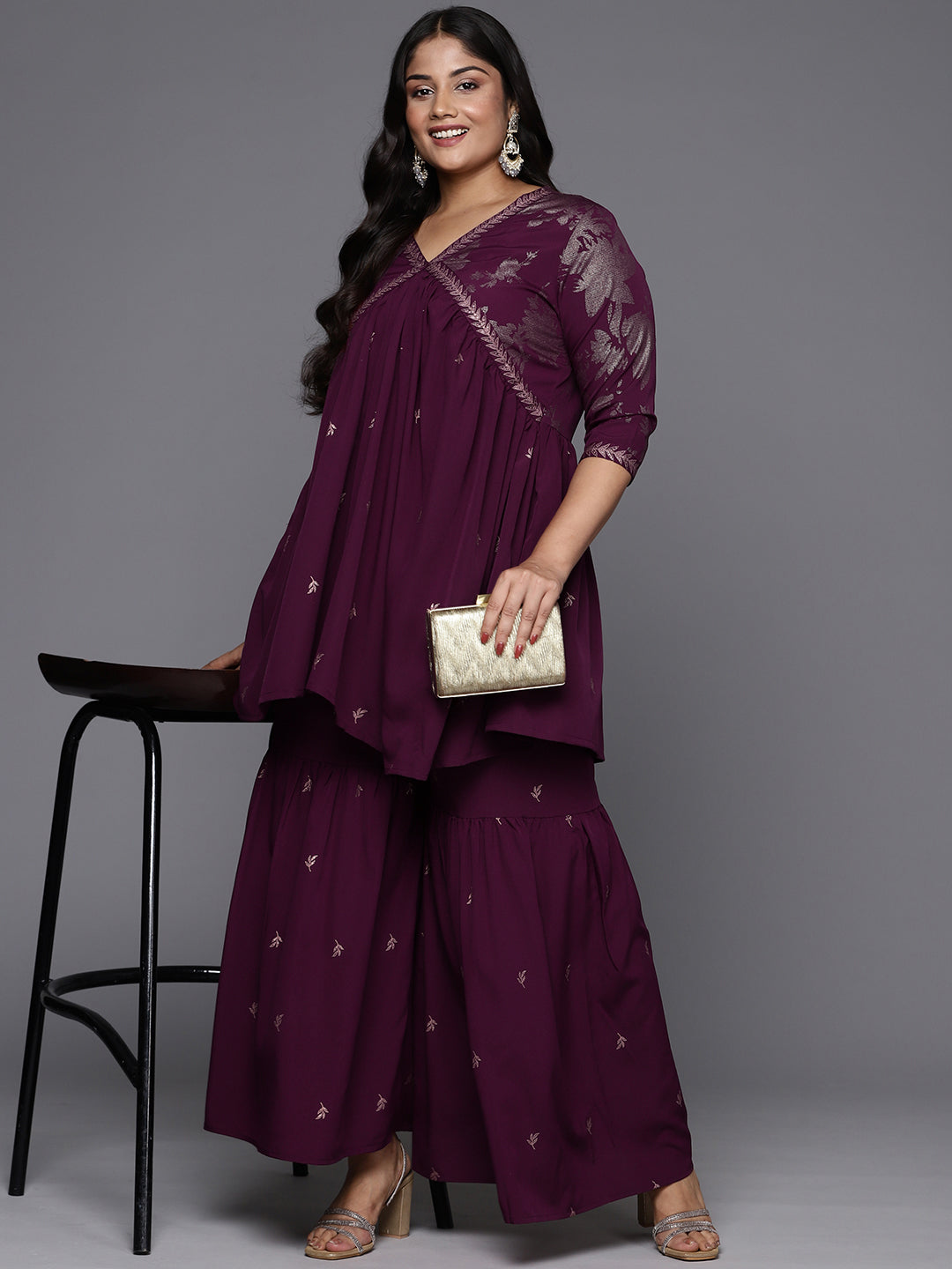 Plus Size Burgundy Sharara Set | Floral Sharara Suits