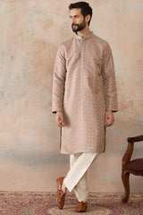 Taupe Jacquard Ethnic Motifs Embroidered Kurta With Trouser MKSET2324