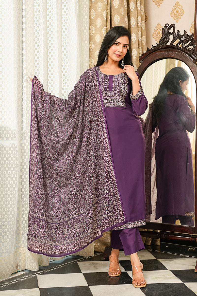 Purple Rayon Blend Ajrakh Printed Straight Kurta Trousers With Dupatta PKSKD3067