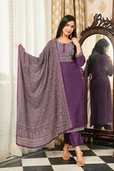 Purple Cotton Blend Ajrakh Printed Straight Kurta Trousers With Dupatta PKSKD3067