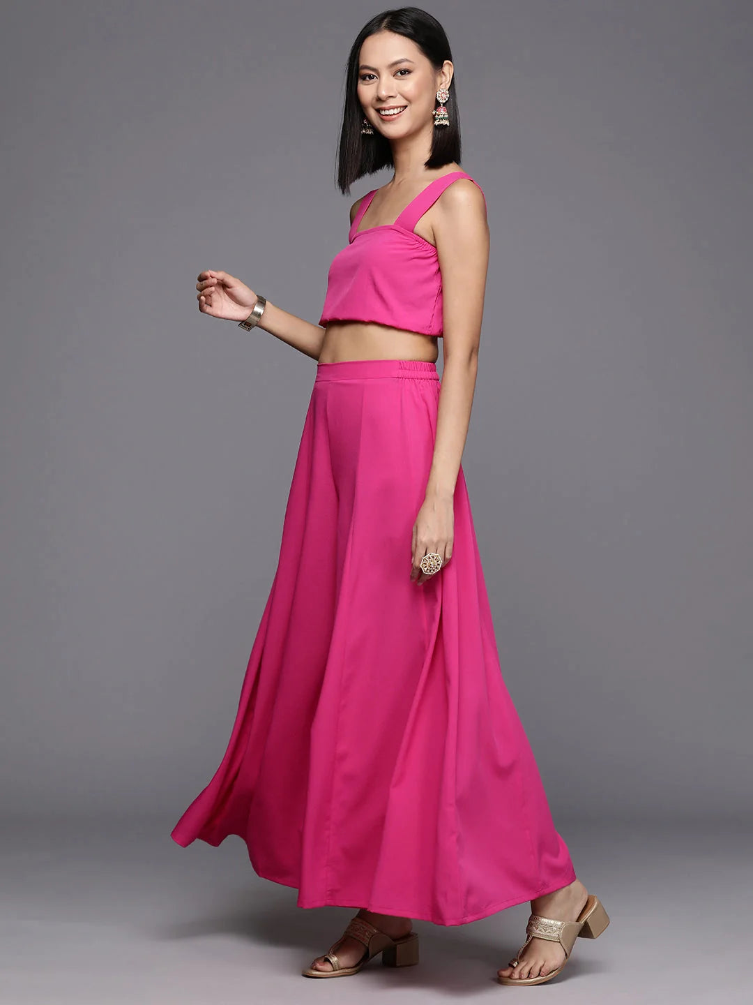 Pink Crop Top Co Ord Sets with Printed Shrug for Women
