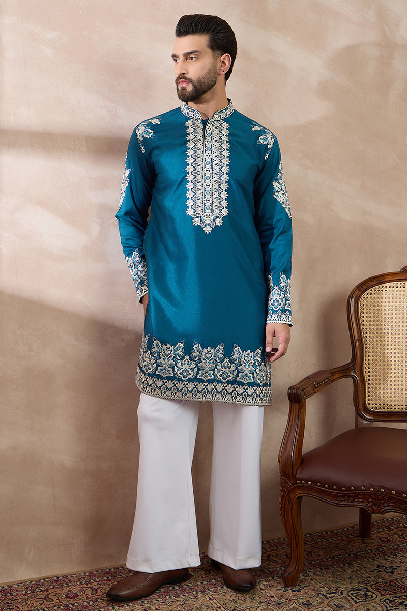 Blue Silk Blend Embroidered Mandarin Collar Straight Kurta MKU2017