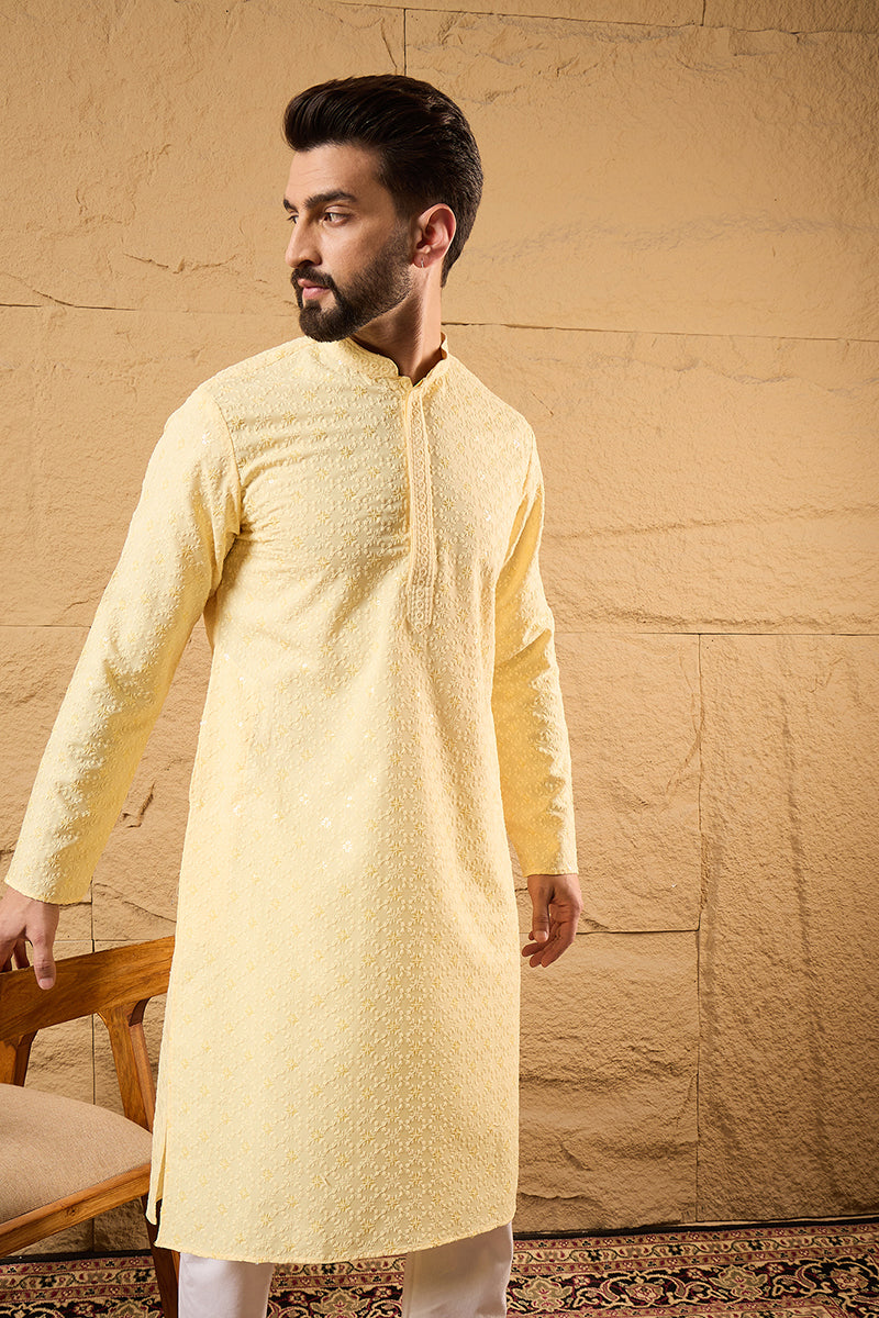 Yellow Rayon Blend Solid Embroidered Straight Kurta MKU1218