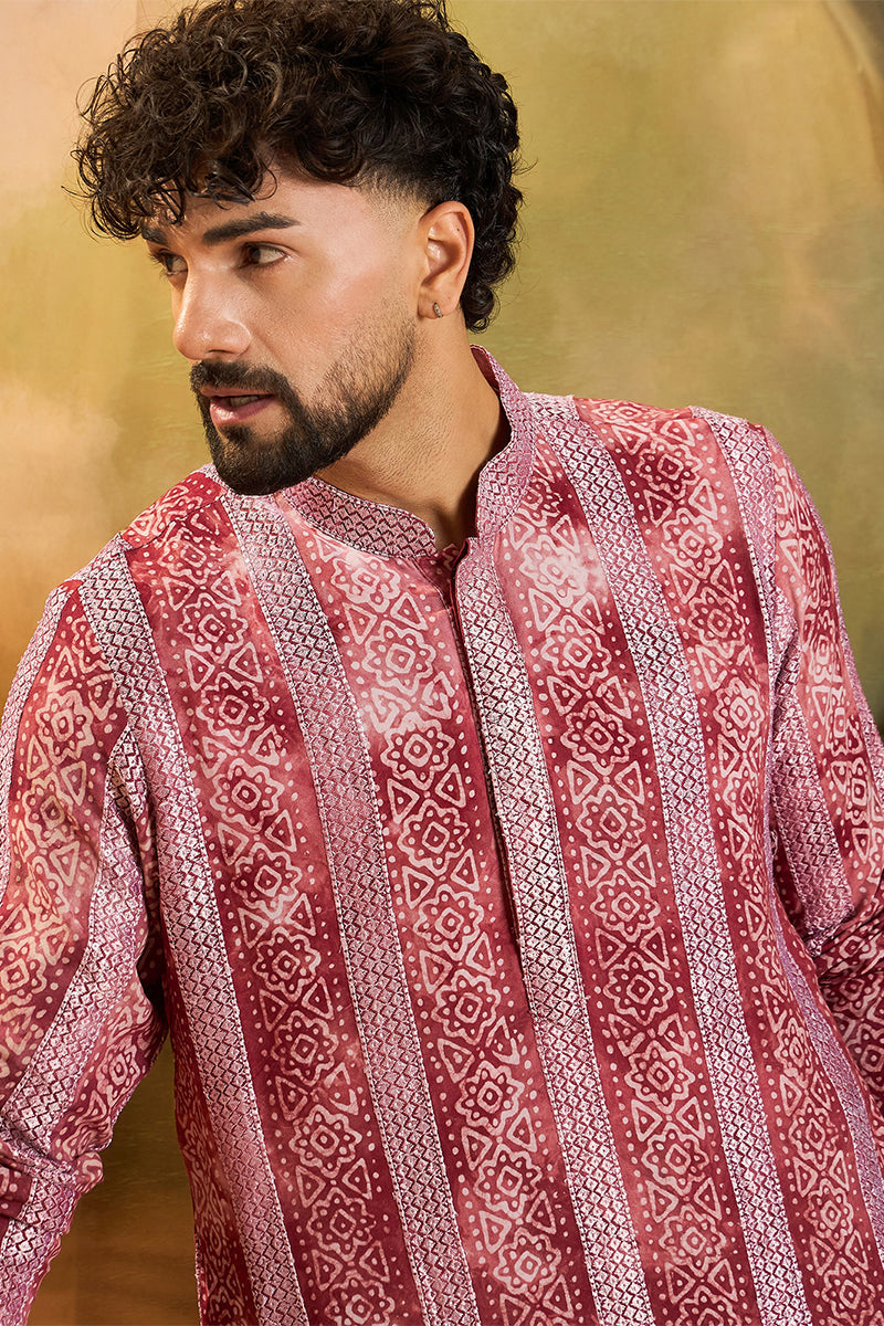 Red Viscose Rayon Batik Embroidered Straight Kurta MKU1482