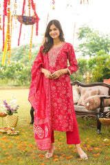Red Viscose Rayon Floral Embroidered Straight Kurta Trousers With Dupatta PKSKD3056