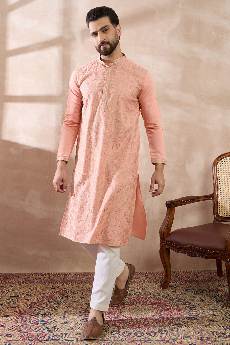 Peach Silk Blend Embroidered Mandarin Collar Straight Kurta With Trouser MKSET2045