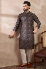 Black Silk Blend Printed Mandarin Collar Straight Kurta With Trouser MKSET2116