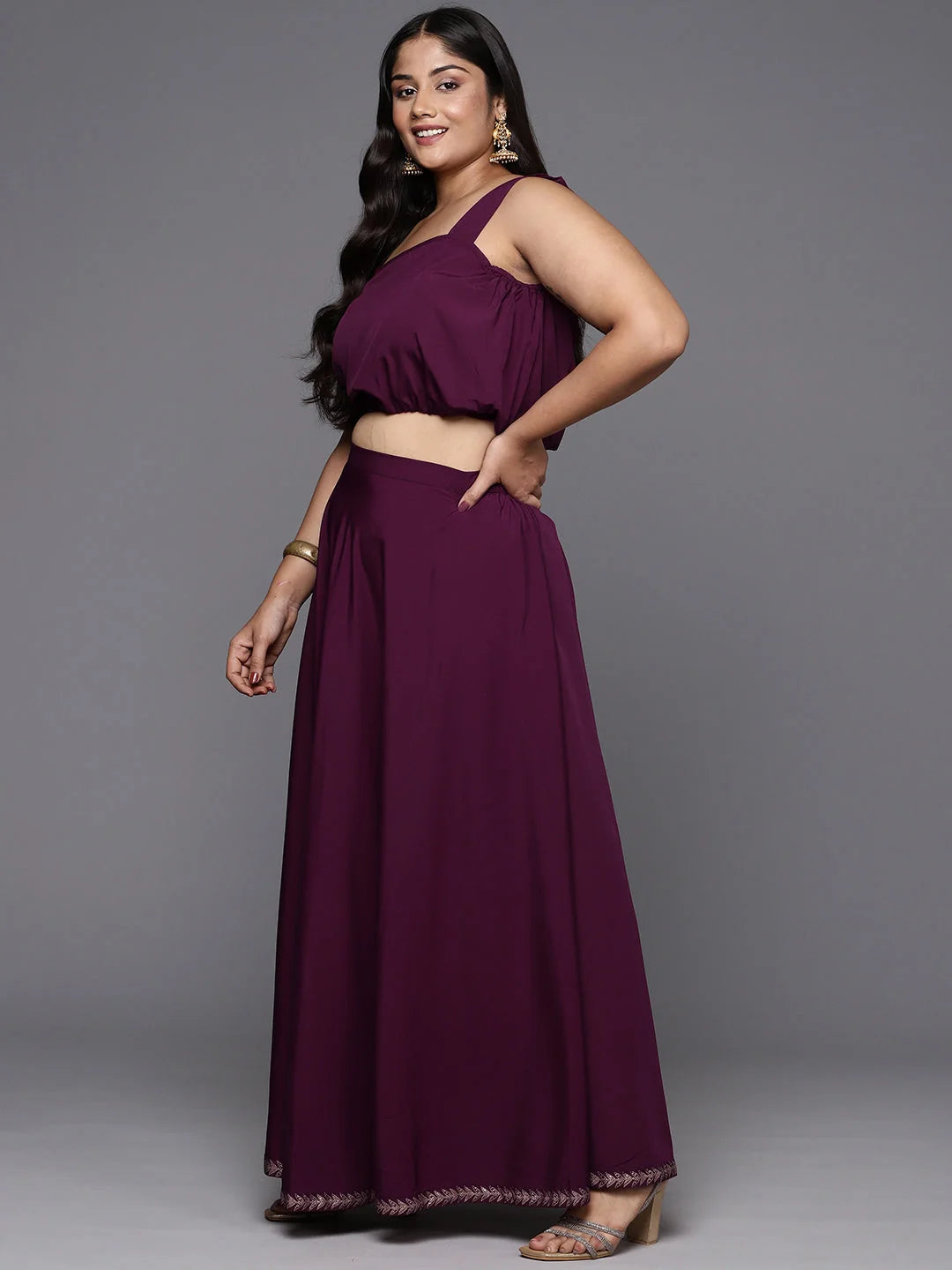 Plus Size Burgundy & Gold Printed Co-ord Sets For Women