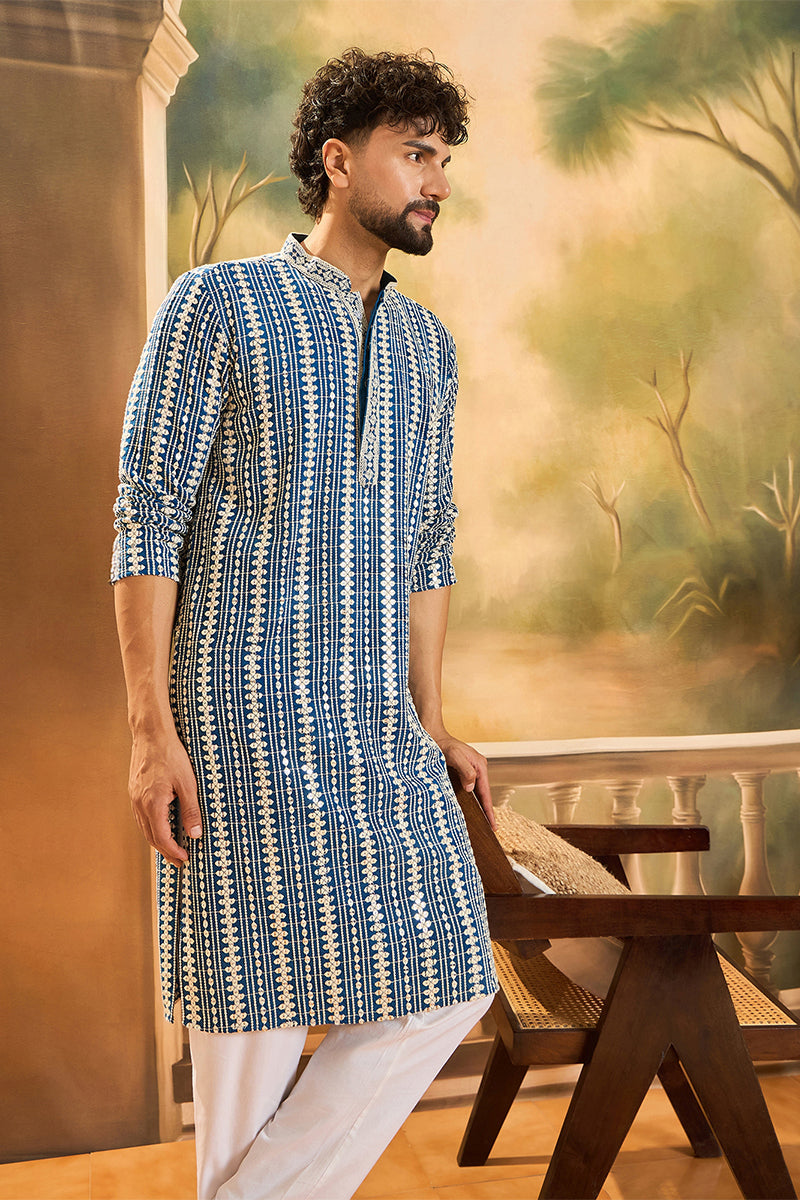 Blue Viscose Rayon Embroidered Kurta With Trousers MKSET1412